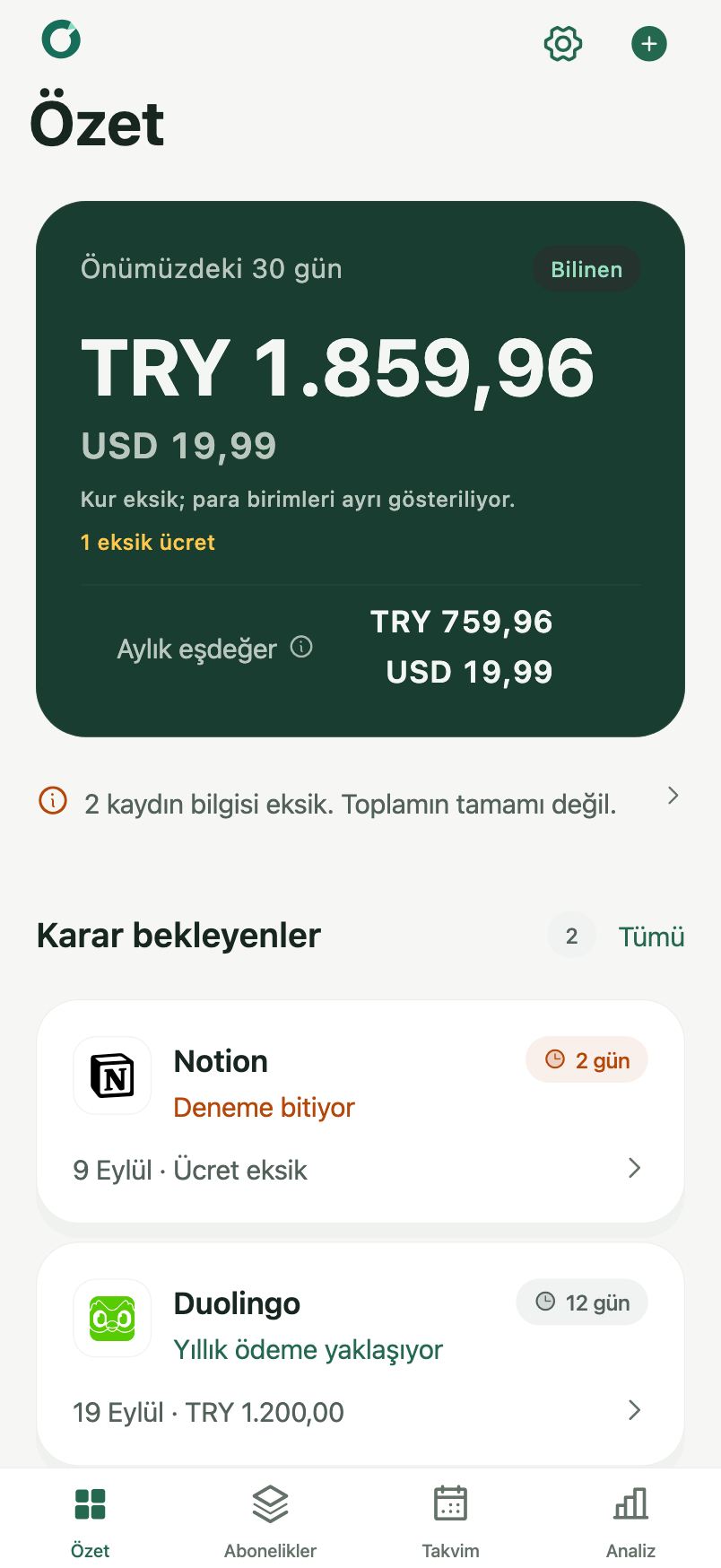 Subscription Tracker Yaklaşan ödemelere net bir bakış